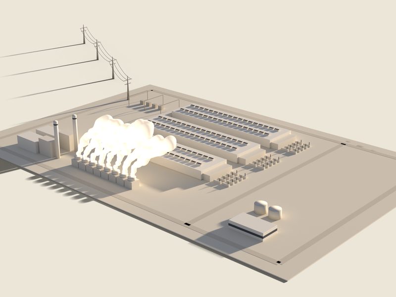 The campus at tier I: a gas power plant with two stacks and a row of cooling towers venting vapour, on bare ground.