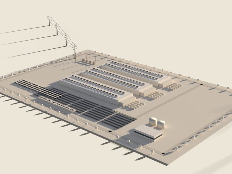 The same campus at tier II: battery storage in place of the gas plant, rows of solar panels, dry coolers, young trees.